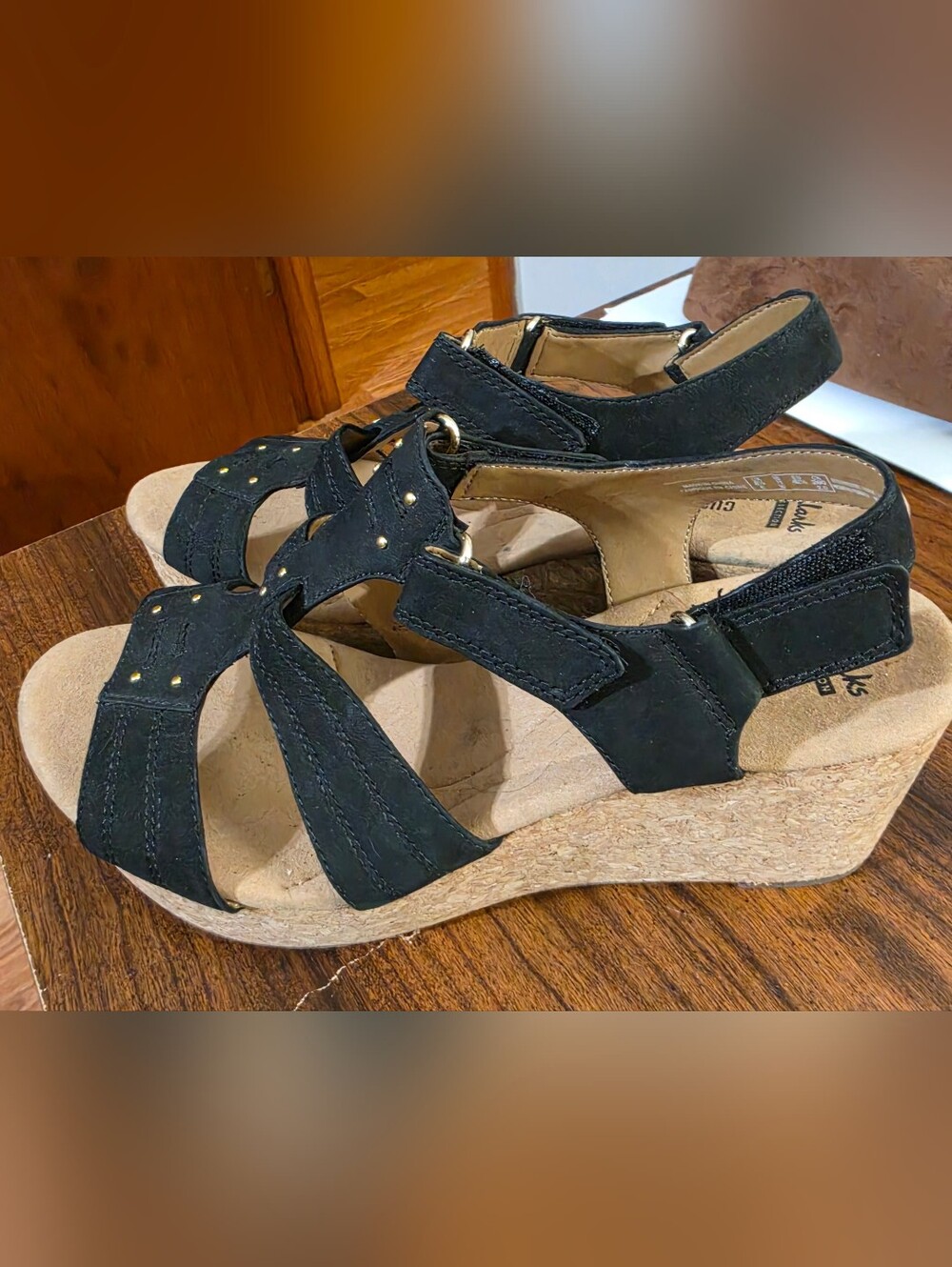 CLARKS Black Suede  3 1/2 " Inch Heel Cork Wedge Sandals